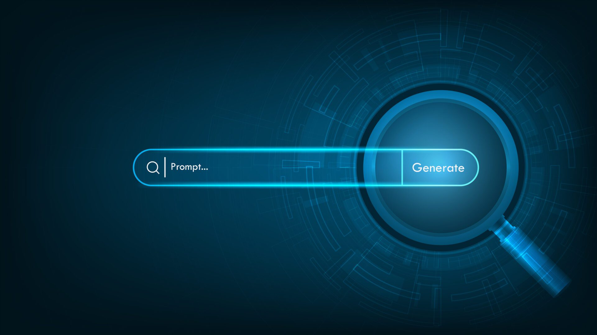 magnifying-glass-and-ai-generative-bar-on-a-futuristic-background-concept-of-artificial-intelligence-ai-search-engines-powered-seo-optimization-generate-an-idea-by-a-prompt-vector-illustration